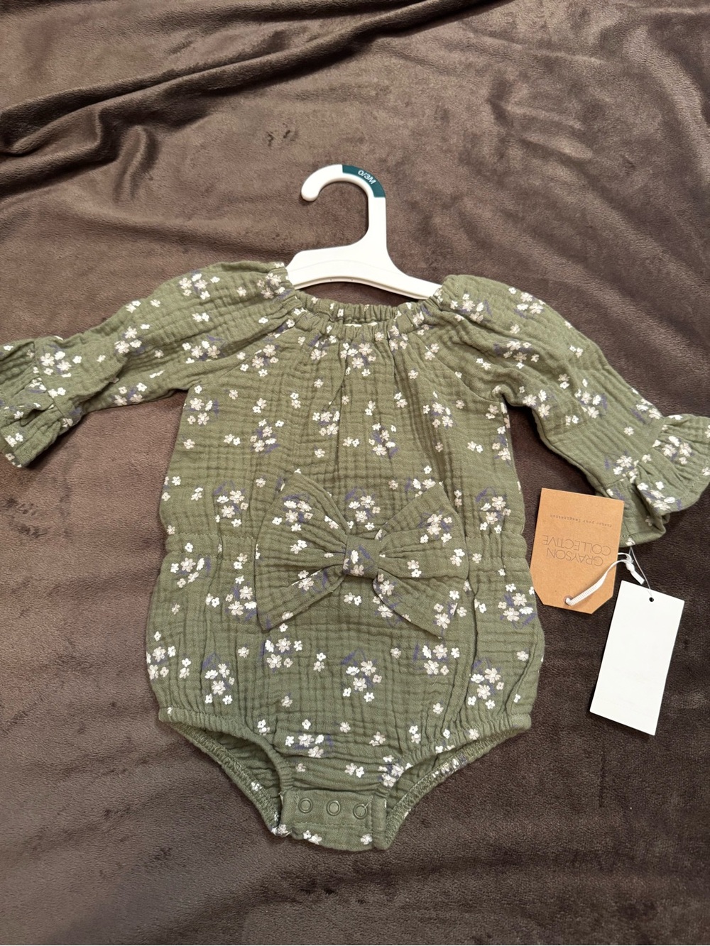 Olive Floral Long-Sleeve Baby One-Piece with Front Bow